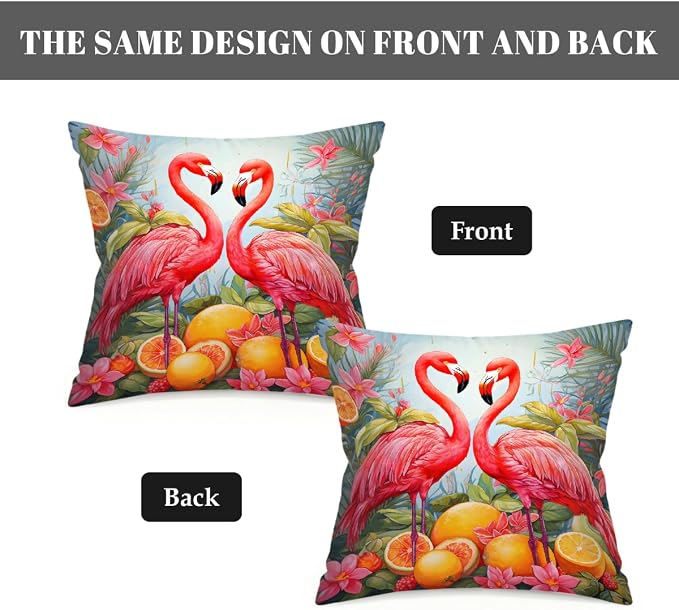 Flamingos Lemon Summer Fruit Outdoor Throw Pillow Covers 20x20 Inch Set of 2 Waterproof Decorative Square Pillowcases Cushion Cases for Patio Couch Garden Furniture Sofa