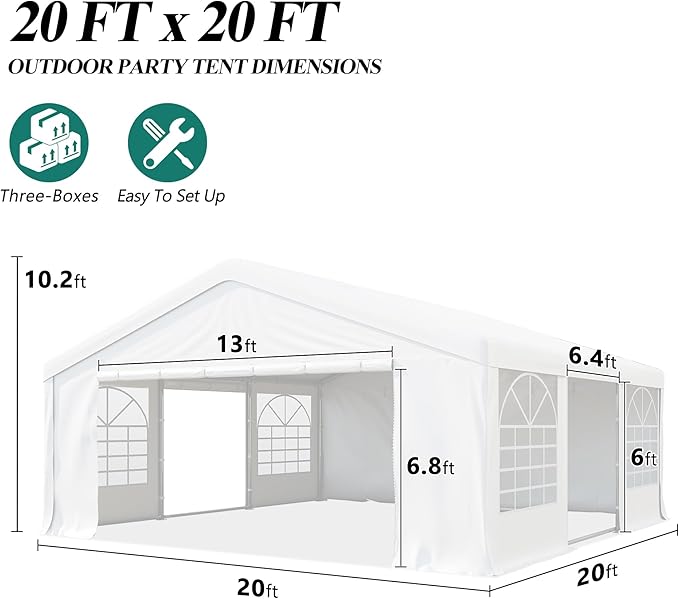 GARTOO 20' x 20' Heavy Duty Party Tent - Outdoor Wedding Gazebo Event Shelter Canopy with 2 Storage Bags & 4 Sand Bags for Outdoor Event, Wedding, Birthday Party
