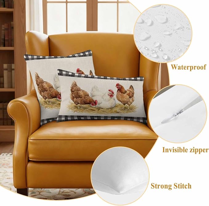 Farmhouse Rooster Outdoor Waterproof Pillow Covers, Farm Chicken Animals Retro Buffalo Plaid Decorative Square Throw Pillowcase Sofa Cushion Sham for Patio/Couch/Chair, 24"x24" 2 Pack