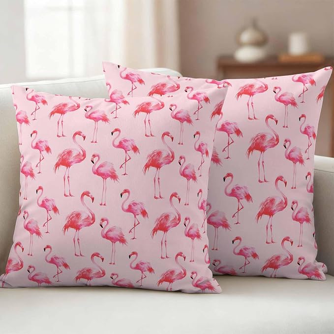 Pink Flamingo Outdoor Pillow Covers 24x24 Inch Throw Pillow Covers Set of 2 Waterproof Decorative Pillow Cases Summer Animals Cushion Covers for Patio Furniture Garden Couch Sofa