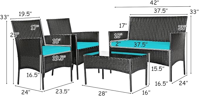 DORTALA Wicker Patio Furniture Set 8 Piece, Rattan Outdoor Table and Chairs Set with Loveseat, Cushions, All Weather Balcony Conversation Sofa Set for Porch, Backyard, Deck, Turquoise