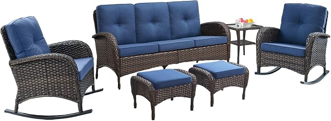 Belord Patio Rocking Chairs Furniture Set of 6, Outdoor Wicker Furniture Sets with Wicker Rocker, Small Patio Conversation Sets with Outdoor Couch Ottomans Brown/Blue