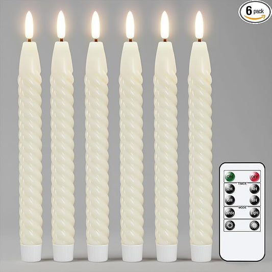 Flameless Taper Candles Real Wax Flickering with Remote Timer, Pastel Ivory 3D Wick LED Spiral Candles Battery Operated 6 Pack 9.8 inch, Wedding Birthday Home Party Holiday Dinner Decor