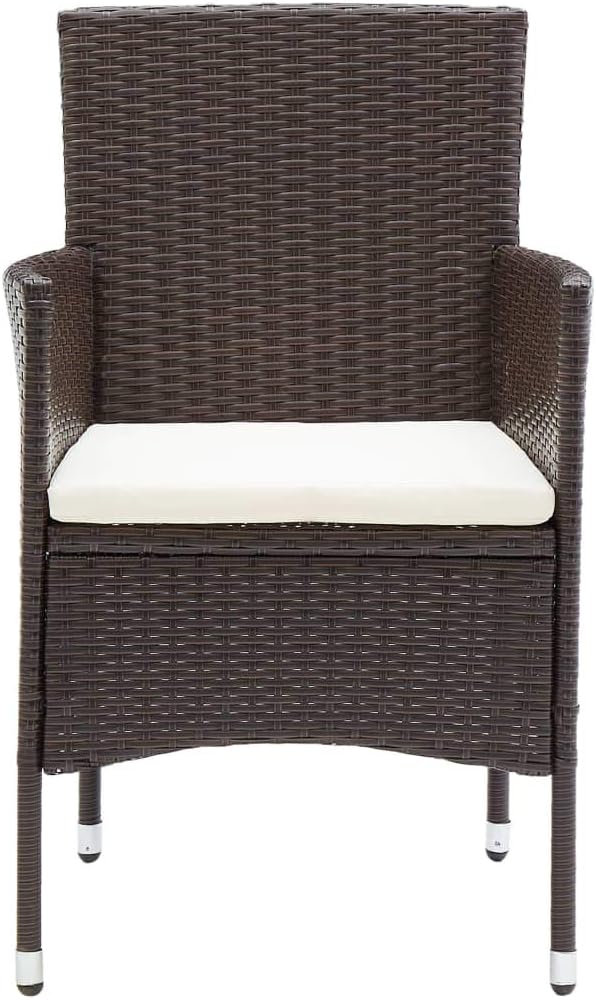 3 Piece Patio Dining Set Brown Cream White Poly Rattan Table 43.3" Glass Top Chairs with Cushions Powder-Coated Steel Frame Outdoor Bistro Set for Garden Balcony Small Spaces