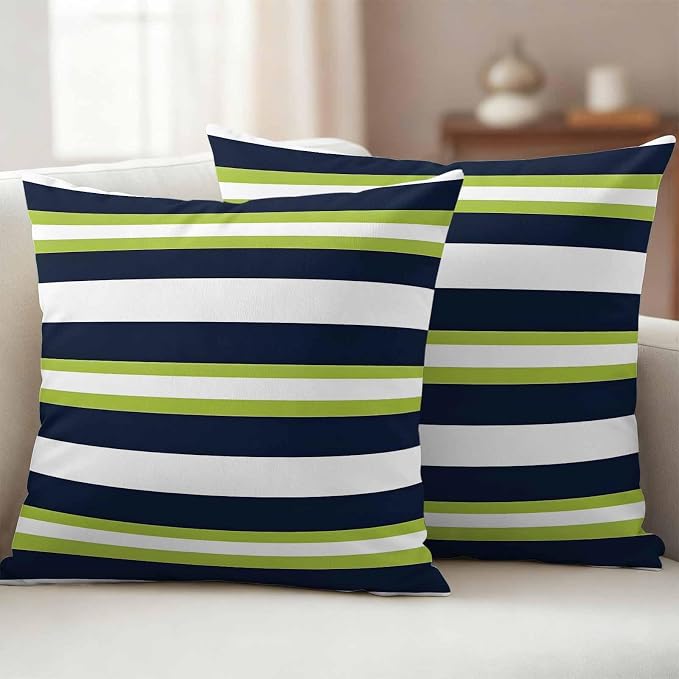 Green and Outdoor Waterproof Throw Pillow Covers Set of 2, 18"x18", Dark Blue Stripes Minimalist Abstract Striped Decorative Pillow Covers Outside Cushion Case for Patio Porch Garden