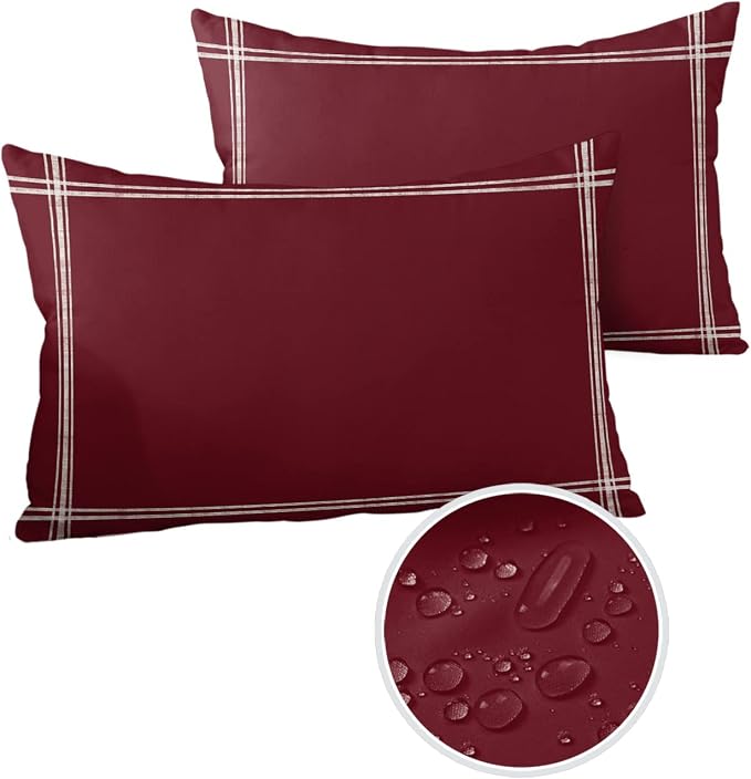 Outdoor Pillow Covers Waterproof, Solid Red Wine All Weather Cushion Case Set of 2, Pure Color Lumbar Pillowcase for Sofa Couch Bed Decor Patio Furniture 20"x12"