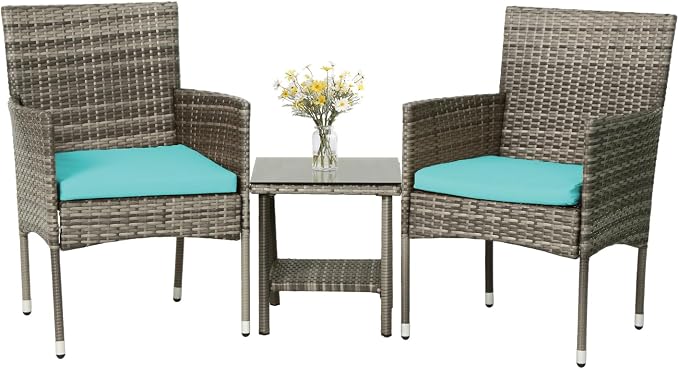 PayLessHere Set of 3 Outdoor Furniture Set Patio Furniture Set Gray Conversation Set with 2 Rattan Chairs Glass Coffee Table for Coffee Bar Poolside Patio Outdoor, Blue Cushions