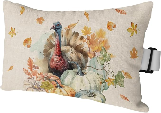 Outdoor Pillows Covers with Inserts Thanksgiving Watercolor Turkey Pumpkin Maple Leaves Waterproof Pillow with Adjustable Strap Throw Pillows for Patio Furniture Recliner Lounge Chair, 11" x 16", 1PCS