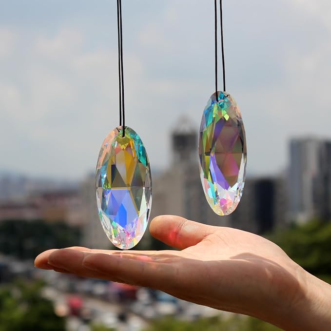 2PCS Eye Crystal Suncatcher Prisms for Windows (Oval Eye) | AB Color, Transparent, K9 Glass, Rainbow Maker, with Hooks & Cord
