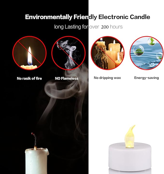 JUNPEI 50Pack Battery Tea Lights Candles- LED Tea Lights Realistic Bright Flickering Holiday Gift Operated Flameless LED Tea Light for Seasonal & Festival Celebration Warm White Lamp Battery Powered