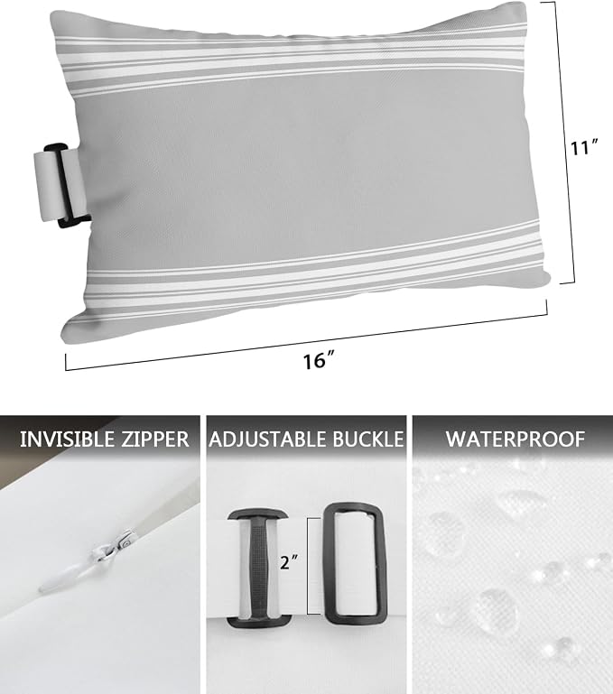 Outdoor Pillows Covers with Inserts Farmhouse Gray White Stripe Waterproof Recliner Pillow with Adjustable Strap Throw Pillows for Patio Furniture Pool Lounge Chair, 11x16 inch, 1PCS