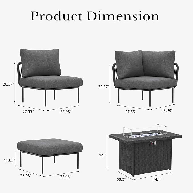 LayinSun 9 Pieces Aluminum Patio Furniture Set, Modern Modular Sectional Sofa with Fire Pit Table and Upgrade Thickness Cushion