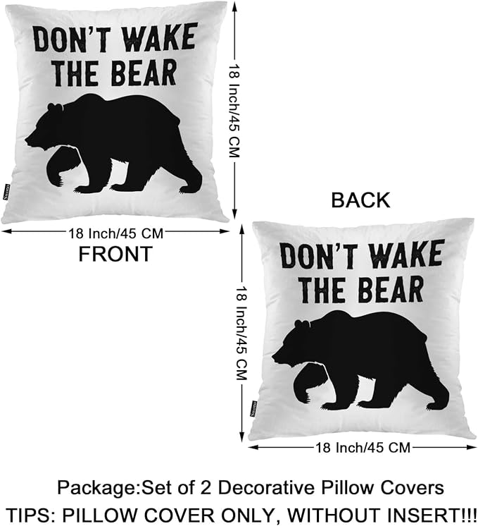 Swono Decorative Square Pillow Covers 18x18 Inch Bear, Don't Wake The Bear Quote Polyester Pillow Case Set of 2, Soft Cushion Cover Pillowcases for Home Bedroom Couch Sofa Armchair, Black Bear