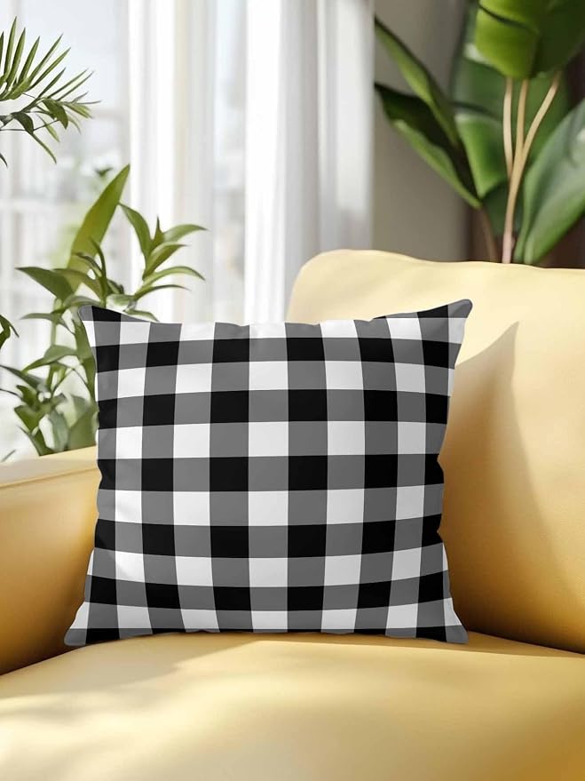 Waterproof Outdoor Pillow 1 Pack Black Buffalo Plaid Decorative Throw Pillows Cover & Insert 16x16 Inch Pillowcase Check Lines Square Pillows for Couch Sofa Bed Patio Furniture Indoor Outdoor