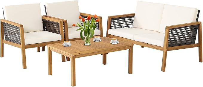 4 Pieces Outdoor Acacia Wood Furniture Set, PE Wicker Conversation Set with Coffee Table and Soft Cushions, Sofa for Garden, Poolside and Backyard (1, Off White)