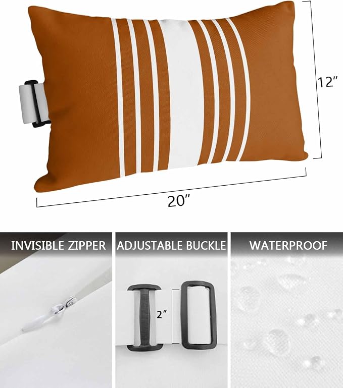 Pack of 2 Outdoor Lumbar Pillow Covers 12x20 Inch, Burnt Orange White Stripe Waterproof Throw Pillow Covers Set, Modern Rustic Vertical Striped Indoor&Outdoor Cushion Cases for Patio Porch Beach