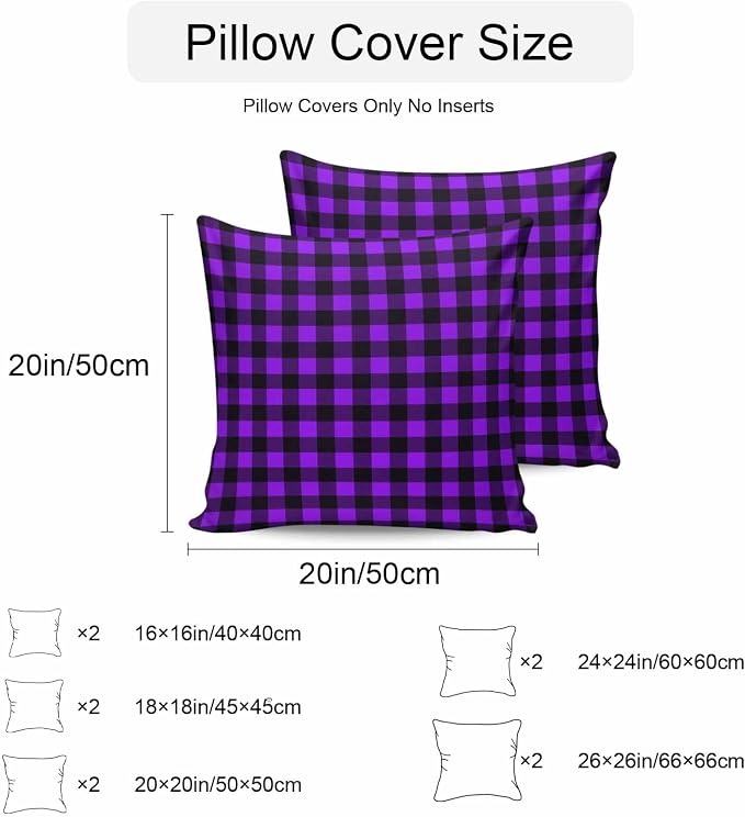 Outdoor Waterproof Throw Pillow Covers Set of 2 Purple Buffalo Plaid Pillowcases 16x16 Inches Pastoral Black Checked Decorative Pillows Cushion Case Patio Pillows for Couch Bed Chair Garden