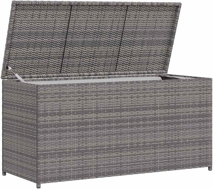 Outdoor Storage Box, Rectangular Poly Rattan Deck Box for Patio and Garden, Large Capacity Organizing Container with Powder-Coated Steel Frame, Grey