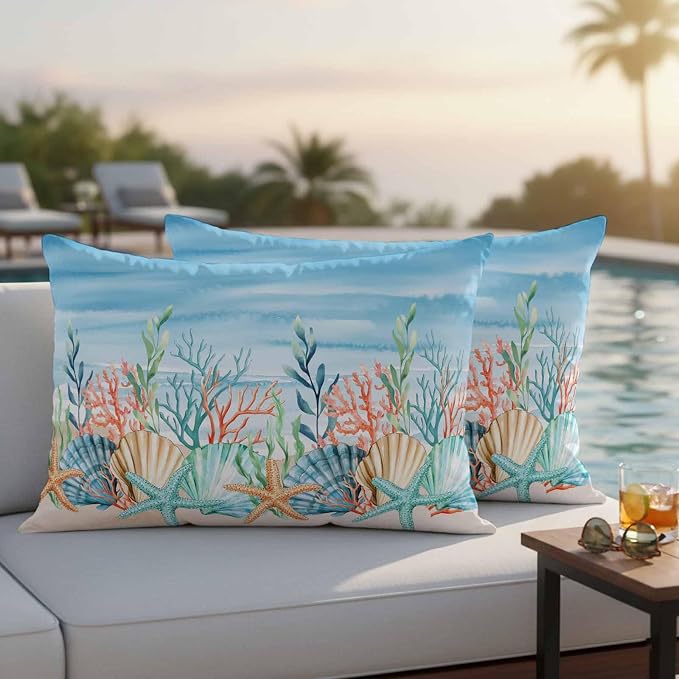 Lumbar Pillow Covers 20x12 Inch Set of 2, Summer Nautical Waterproof Outdoor Pillow Covers, Coastal Beach Starfish Coral Shell Blue Decorative Cushion Pillowcases for Couch, Sofa, Bed, Garden, Patio