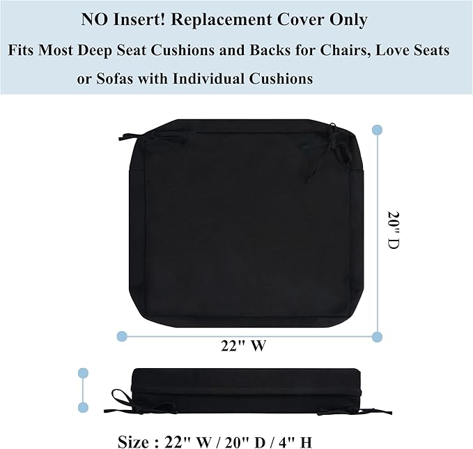 FUNHOME Outdoor Chair Cushion Covers 2 Pack, No Insert! Patio Cushion Covers Replacement 22" x 20" x 4", Water Resistant Patio Chair Cushion Slipcovers, Black(Covers ONLY)