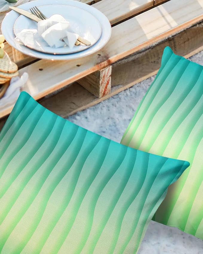 Outdoor Waterproof Pillow Covers Set of 2, Summer Abstract Geometric Gradient Turquoise Ocean Wave Patio Throw Pillow Covers, Decorative Cushion Case for Couch Sofa Furniture Garden, 20x20 Inch