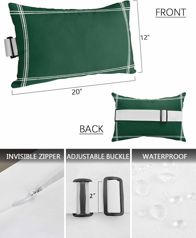 Chaise Lounge Chair Pillow with Strap & Insert Solid Color Outdoor Recliner Head Pillow Pack of 2 Olive Green Vintage Waterproof Headrest Patio Lumbar Pillow for Beach Pool Office Chair 12x20 Inch