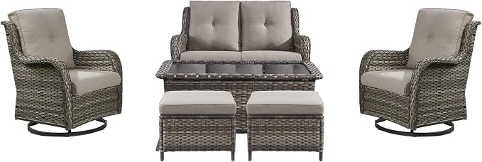 Rilyson 6 Piece Patio Furniture Set - Rattan Wicker Outdoor Patio Conversation Sets with 2 Swivel Rocker Chairs,2 Ottomans,1 Loveseat and 1 Coffee Table for Outside Porch Deck Yard(Mixed Grey/Grey)