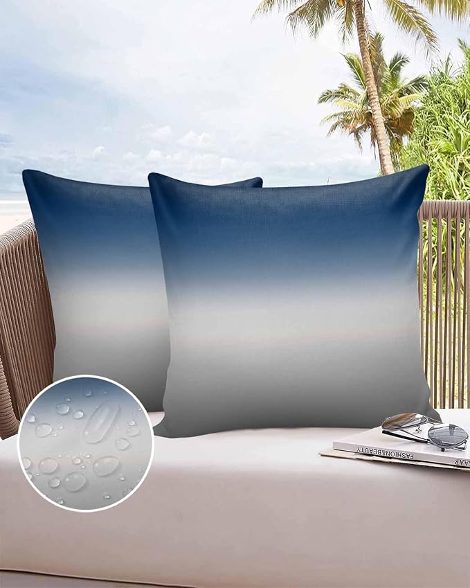 Outdoor Waterproof Throw Pillow Covers Set of 2 Blue Grey Ombre Pillowcases 16x16 Inches Gradient Gradual Color Patio Decorative Pillows Cushion Case Patio Pillows for Couch Bed Chair Garden