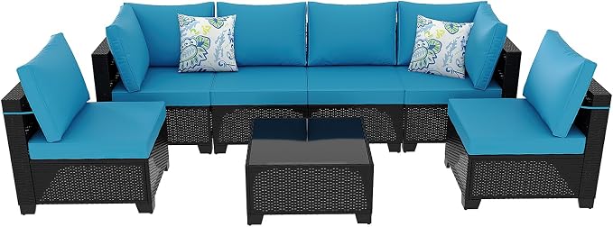 Outdoor Patio Furniture Set, Wicker Patio Chairs with Thick Cushions (Coffee and Peacock Blue, 7pcs Sofa Set)