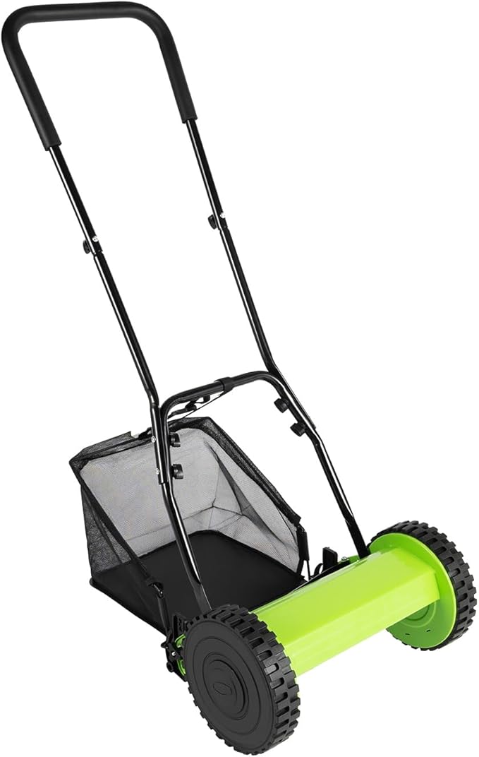12-Inch Manual Push Lawn Mower with 5 Manganese Steel Blades, Adjustable Cutting Height, 23L Grass Collection Bag, Durable Garden Tool for Lawns, Sidewalks & Driveways