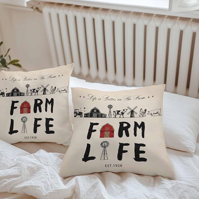 Outdoor Throw Pillows Covers 24x24 inch Set of 2 Waterproof Farm Life Decorative Zippered Cushion Covers for Patio Furniture, Retro Farmhouse Red Barn Windmill Cow Chicken Tractors Lumbar Pillowcases