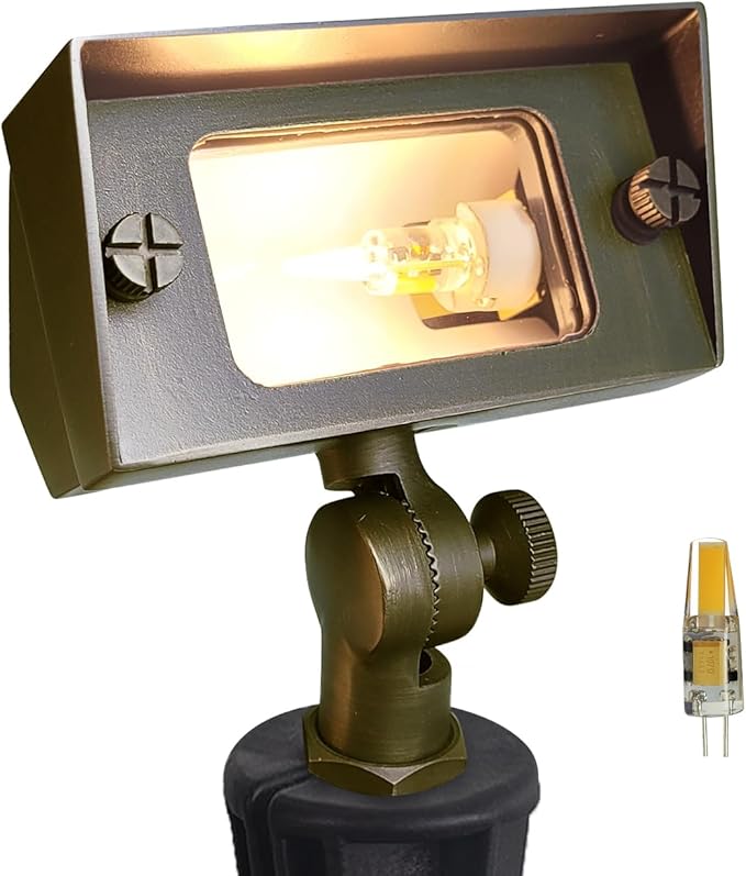COLOER Brass Small Rectangular Flood Lights Outdoor with 3W 2700K Warm White LED G4 Bulb, 12V Low Voltage Landscape Outside Lights for House Illuminating Signs, Walls and Plant Material