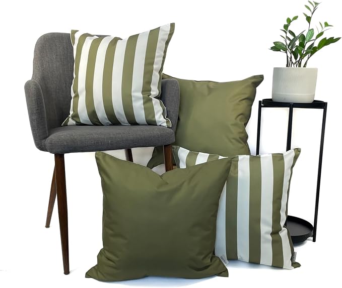 Pack of 2 Outdoor 20''x20'' Waterproof Striped Throw Pillow Covers Decorative Square Cushion Patio Pillows for Patio Furniture (Martini Olive)