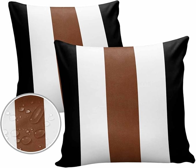Outdoor Waterproof Throw Pillow Covers Set of 2 Boho Stripe Pillowcases 16x16 Inches Bohemian Brown Black White Patio Decorative Pillows Cushion Case Patio Pillows for Couch Bed Chair Garden