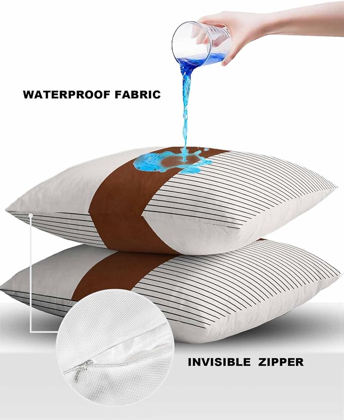 Outdoor Waterproof Throw Pillow Covers 24x24in, Farmhouse Mid Century Cushions for Garden Patio Furniture Chairs Set of 2, Boho Stripes Texture Home Decor Couch Sofa Polyester Pillow Cases