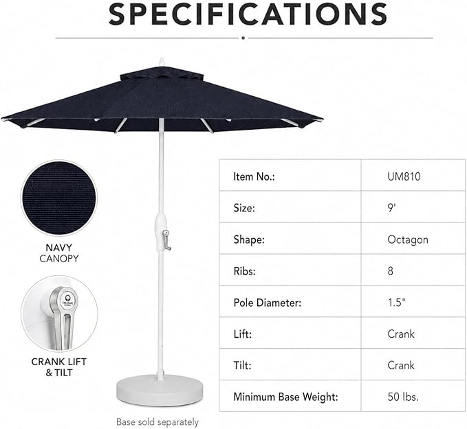 Treasure Garden 9ft Patio Umbrella - Outdoor Furniture Market Umbrella – Deluxe Auto-Tilt – White Aluminum Frame (Sunbrella, Navy)