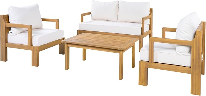 Christopher Knight Home Bayah 4 Piece Patio Furniture Set with Removable Cushion, Acacia Wood Outdoor Sectional Sofa Set with Coffee Table, 4 Seater Outdoor Conversation Set, Beige+Natural