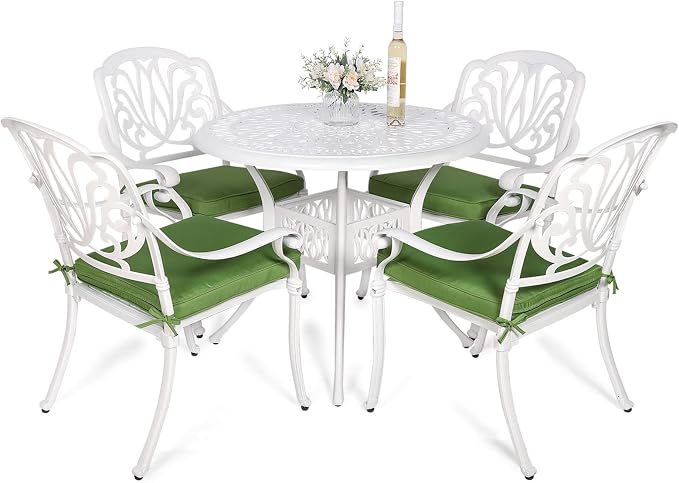 VIVIJASON 5-Piece Patio Furniture Dining Set, All-Weather White Cast Aluminum Outdoor Conversation Set, Include 4 Cushioned Chairs and a 35.4" Round Table w/Umbrella Hole for Balcony Lawn Garden