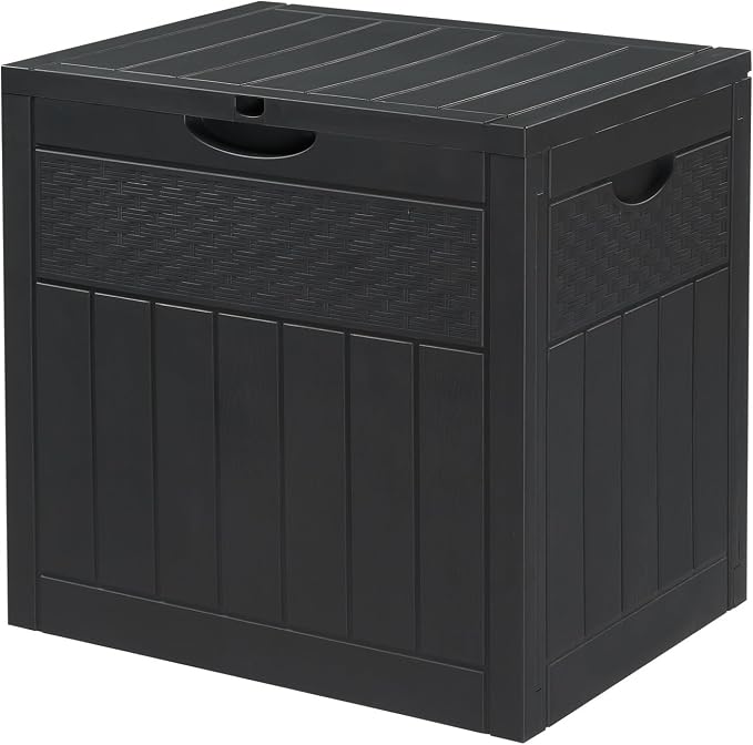 33 Gallon Small Deck Box Outdoor Storage Cube, Rattan Plastic Resin Garden Storage Box Chest, Patio Side Table for Cushions, Charcoal & Garden Tools, Gray