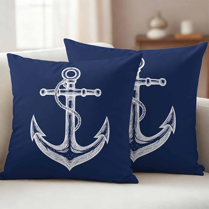 Nautical Outdoor Waterproof Throw Pillow Covers Set of 2, 26"x26", Anchor Rope Coastal Navy Blue Minimalist Decorative Pillow Covers Outside Cushion Case for Patio Porch Garden