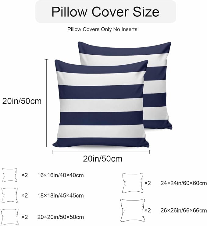Outdoor Waterproof Throw Pillow Covers Set of 2 Navy Blue Stripe Pillowcases 26x26 Inches Simple Style White Striped Decorative Pillows Cushion Case Patio Pillows for Couch Bed Chair Garden