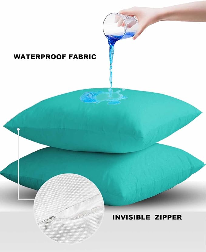 Outdoor Waterproof Throw Pillow Covers Set of 2 Aqua Green Pillowcases 24x24 Inches Simple Style Patio Decorative Pillows Cushion Case Patio Pillows for Couch Bed Chair Garden