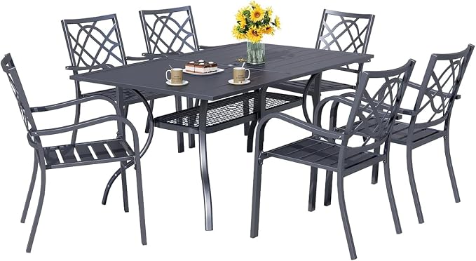Incbruce 7 Pcs Outdoor Dining Set Wrought Iron Patio Dining Set, Dining Furniture Set (6 Dining Chair and 1 Rectangular Table with 1.57" Umbrella Hole) for Garden,Backyard(Metal Tabletop)