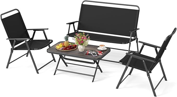HAPPYGRILL 4 Pieces Folding Patio Conversation Set, Outdoor Furniture Set with SPC Coffee Table, Loveseat and Patio Chairs, Patio Bistro Sectional Set with Metal Frame for Garden, Deck and Backyard