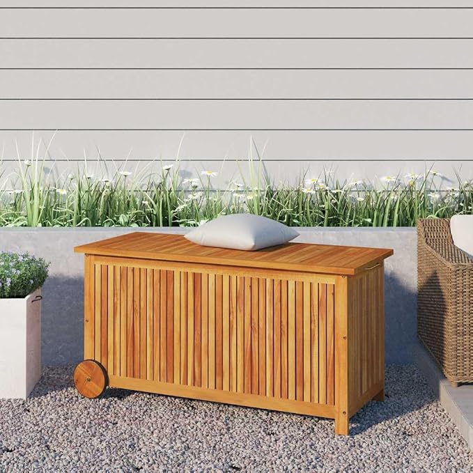 Outdoor Garden Storage Box, Solid Acacia Wood Deck Chest with Wheels, Large Capacity Storage Bin for Patio Furniture Cushions, Tools and Blankets 44.5 x 19.7 x 22.8 in