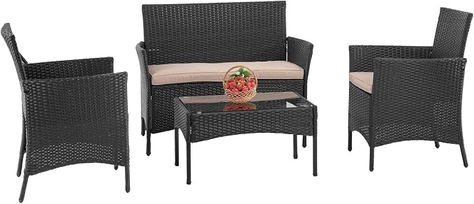 PayLessHere Patio Furniture Sets 4 Pieces Outdoor Indoor Use Rattan Chairs Wicker Conversation Sets for Backyard Lawn Porch Garden Balcony,Black