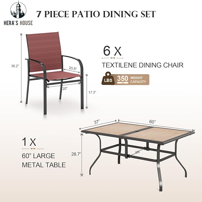 HERA'S HOUSE 7pc Patio Dining Set, Metal Table with PVC Top, Red Chairs | 60" rectangular table with umbrella hole, 6 textilene chairs. Waterproof, rust-resistant, all-weather for yard, porch