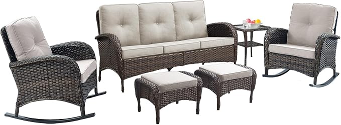Belord Patio Rocking Chairs Furniture Set of 6, Outdoor Wicker Furniture Sets with Wicker Rocker, Small Patio Conversation Sets with Outdoor Couch Ottomans Brown/Beige