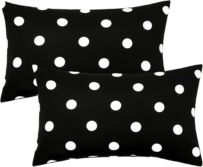 SquarePie Pack of 2 Outdoor Lumbar Pillow Covers Waterproof Decorative Throw Pillowcase Patio Cushion Covers Cases for Spring Garden Couch Balcony Bench Sofa,12x20 inch Black Polka Dot