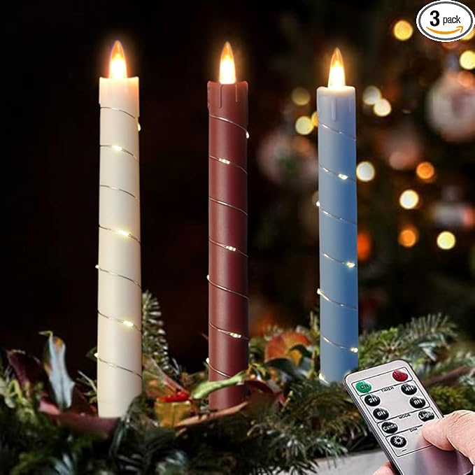 Flameless Cone Candle with Built-in Star String Light, 11-Button Remote Control, Timer, Battery Powered, Simulated Flame, 3-Pack Window Candle, Christmas Home & Wedding Decoration (White, red, Blue)